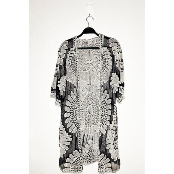 Ember Tops - Women's Black Boho Lace Kimono Duster White Embroidered Floral Open Front Sheer